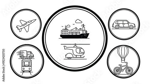 Transportation Icons: A collection of transportation icons, neatly arranged within circular frames. Each icon represents a different mode of transport, with a focus on simple and clear design.