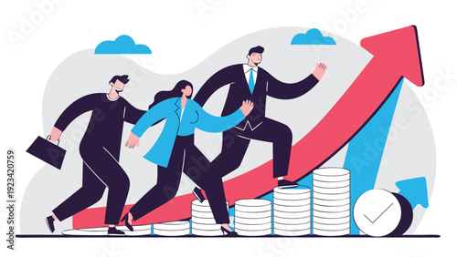 Three businesspeople run up a rising path of coin stacks towards a large upward arrow indicating successful financial growth.