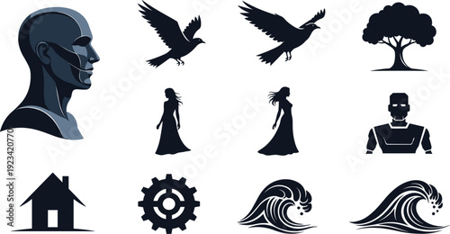 Silhouette Icon Set With Human Head Birds Tree Robot House Gear Waves and Women Figures.