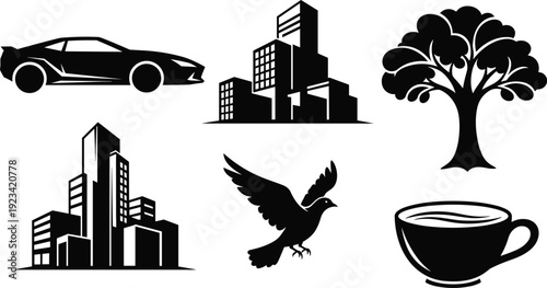 The image is a collection of five stylized, black and white graphic icons set against a clean white background.