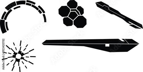 The image is a black and white, graphic illustration featuring five distinct, abstract geometric shapes arranged on a plain white background