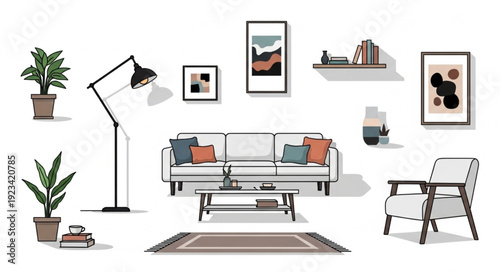 Modern Living Room Furniture and Decor Elements Collection.