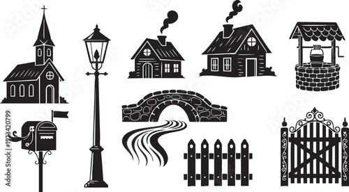 Black and white village scene with church, houses, well, bridge, and fence steeple