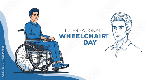 Illustration of a man in a wheelchair on International Wheelchair Day with a blue and white background, promoting disability inclusion and accessibility awareness.