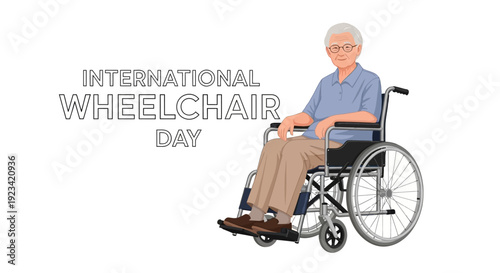 Illustration of an elderly man in a wheelchair on International Wheelchair Day, promoting disability inclusion and accessibility with a simple, informative design.
