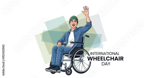 Illustration of a smiling man in a wheelchair waving his hand on International Wheelchair Day, promoting disability inclusion and accessibility with a colorful geometric background.