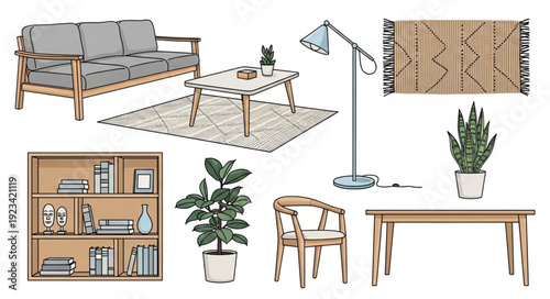 Collection of Home Furniture and Decor Items Illustration.
