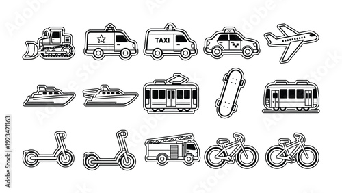Transportation Icons Set: An assortment of detailed transport icons, from land to air and water, perfectly designed for use in various contexts.