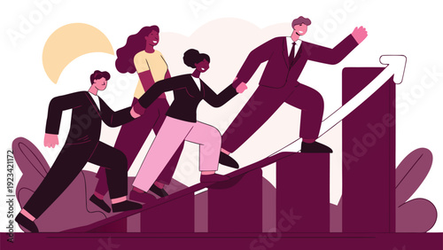 Four diverse businesspeople assist each other climbing a staircase made of bar charts towards a clear upward growth arrow.