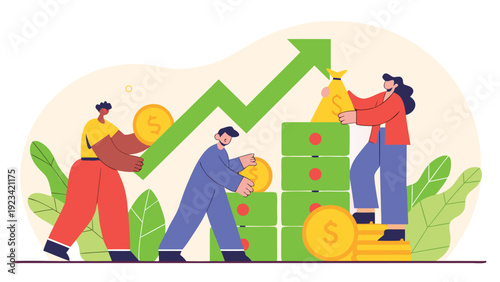 Three diverse individuals collaboratively build a tall stack of cash and coins under a large green upward growth arrow.