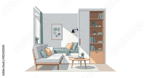Cozy Scandinavian Living Room with Natural Light and Bookshelf.