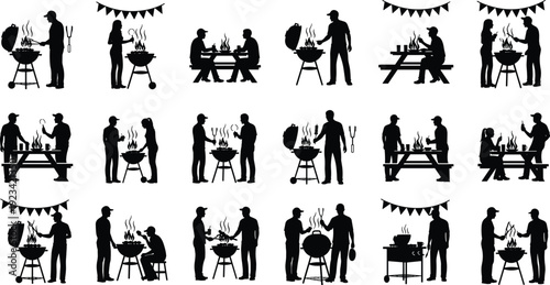 Black vector silhouette set of people having backyard barbecue party with grill cooking food at picnic tables and outdoor summer celebration icons isolated on white.