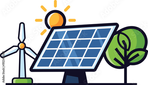 Renewable energy illustration featuring solar panel, wind turbine, sun, and tree symbolizing clean power, sustainability, and eco-friendly environmental design