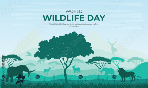 World Wildlife Day, Concept of Earth and animal life in different environments. Excellent for themes: Earth, Nature, Preservation of wild life and many more.