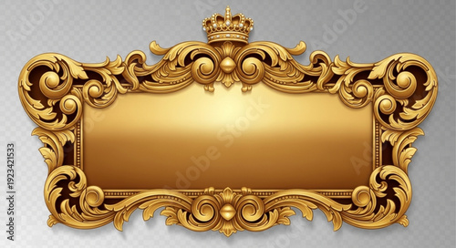 Ornate golden royal crest with crown and decorative elements.