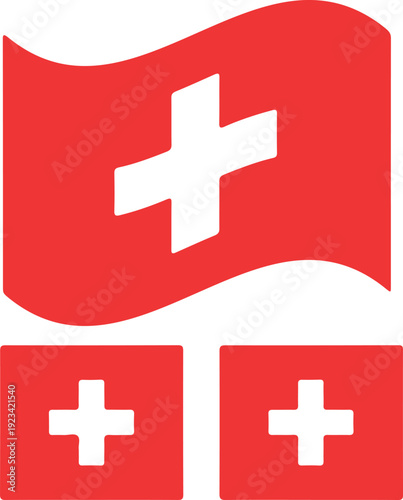 Waving swiss flag icon and two smaller flag graphics