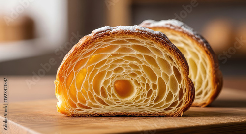 A delicious pastry cut in half on a wooden cutting board, revealing its intricate layers and texture.