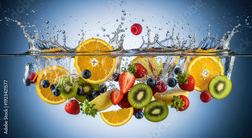 A colorful mix of fresh fruits splashing into clear water with vibrant splashes