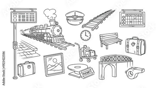 Train Station Elements Doodle: A collection of line art illustrations, capturing the quintessential elements of a train station, from the steam train to the waiting area.