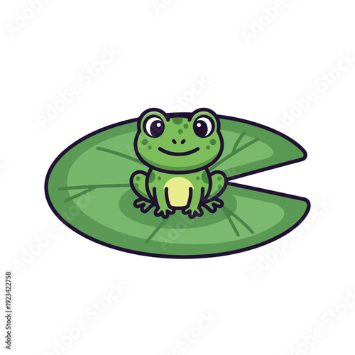 Cute cartoon frog character illustration sitting on a green lily pad, vector art