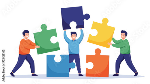Diverse team collaboration as people fit colorful puzzle pieces together in a cooperative scene.