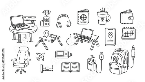 Essential Travel & Work Elements: A comprehensive assortment of tools and items, illustrating the essentials for travel and remote work, presented in a clean, uncluttered outline.