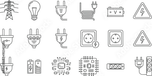 Electric power line icons set, energy plug battery socket symbols, electricity equipment collection, modern outline vector isolated white background