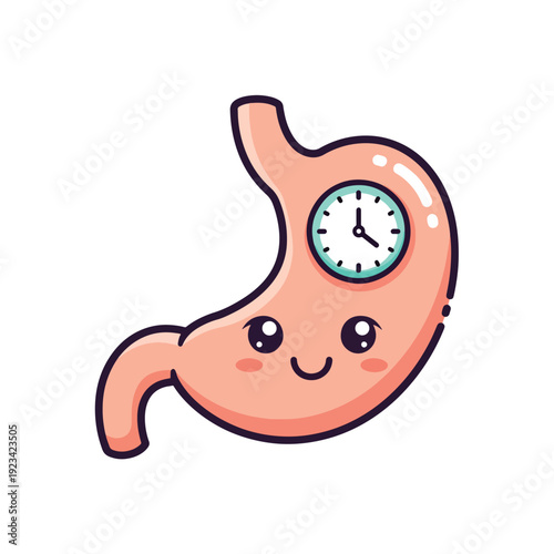 Happy Cartoon Stomach with Clock Representing Digestion Time and Healthy Eating Schedule
