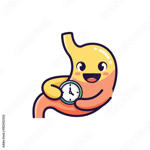 Cheerful Digestive Organ Holding Clock Icon Illustrating Healthy Eating Schedule