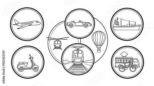 Transportation Icons: A collection of simple, black and white illustrations showcasing a variety of transportation modes, perfect for conveying movement and travel concepts.