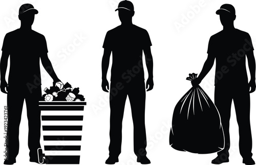 Black vector silhouette set of professional male janitors or waste management workers collecting trash in bags and bins isolated on white background for service.
