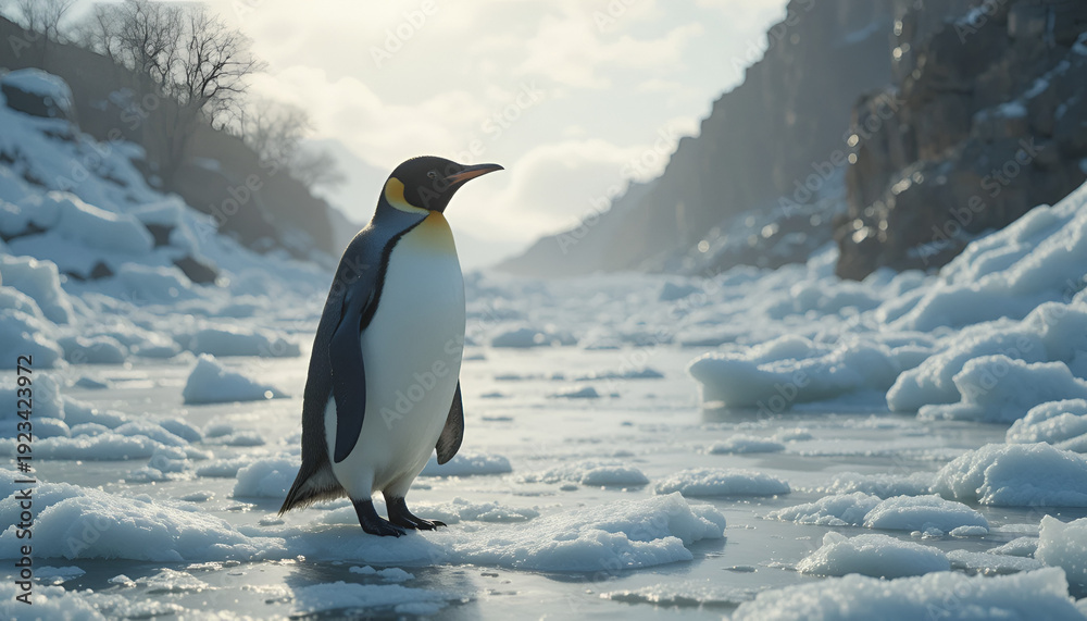 Obraz premium A lone penguin stands on icy terrain surrounded by snow and rocky cliffs under a cloudy sky.