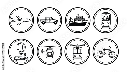 Transportation Icons: A collection of simple, black and white illustrations of various transportation modes inside circular borders. The design offers versatility for various themes such as travel.