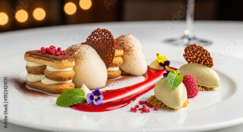 A beautifully presented dessert plate with a variety of sweet treats and garnishes on a white table setting