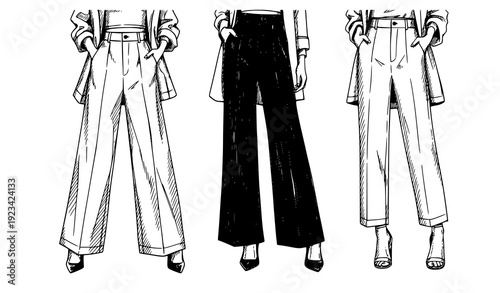 Stylish Fashion Models Sketch with Women Wearing Modern Pants Hand Drawn Vector Illustration on White