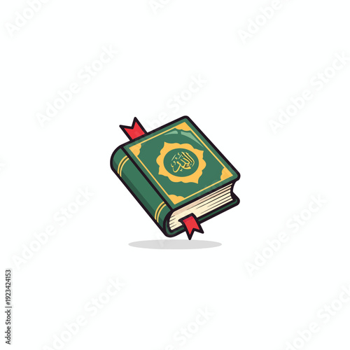 Stylized illustration of a sacred religious book with Arabic script and bookmark floating on white