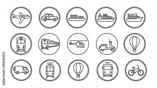 Transportation Icons Collection: A comprehensive set of neatly designed transport icons, each encased within a circular frame. Perfect for illustrating various modes of travel and logistics.