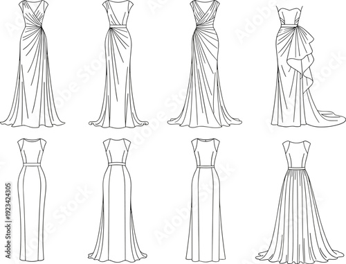 Elegant evening gown dress sketches collection, long formal women dresses fashion design line art vector illustration set isolated