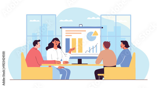 A woman presents a business chart on an easel to three colleagues sitting at a table in a modern office.
