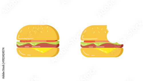 Beef burger and bitten hamburger vector illustration. Flat cartoon cheeseburger set with lettuce and tomato. Fast food snack isolated on white background.