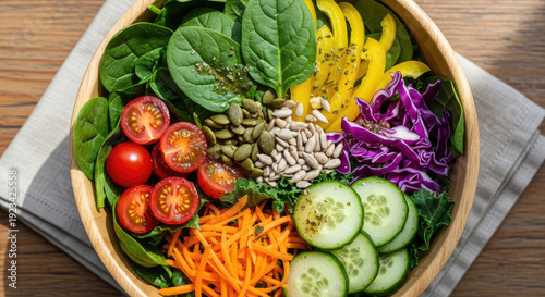 A vibrant bowl of fresh vegetables and seeds on a wooden table
