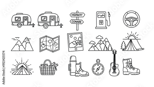 Embark on Adventure: An eye-catching collection of hand-drawn travel icons, perfectly illustrating the spirit of outdoor exploration.