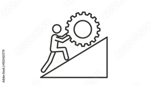 Conceptual illustration of a worker pushing a gear up an incline, symbolizing teamwork, engineering, and problem solving.