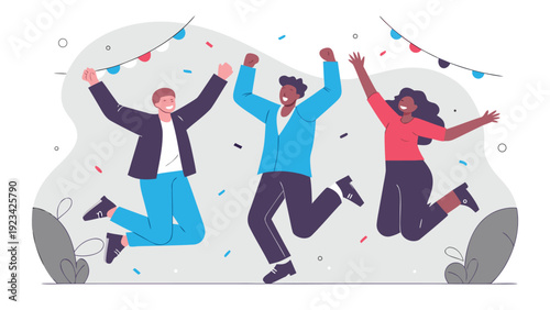 Three diverse business people jump happily in the air, celebrating success with confetti and party flags.