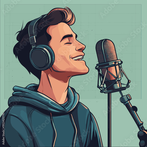 Singer Recording Song in Studio with Microphone and Headphones , vector style simple color