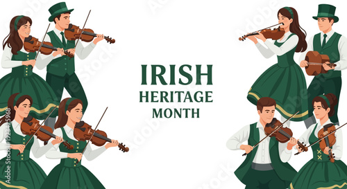 Illustration of people in traditional Irish attire playing musical instruments to celebrate Irish Heritage Month on a white background with green text.