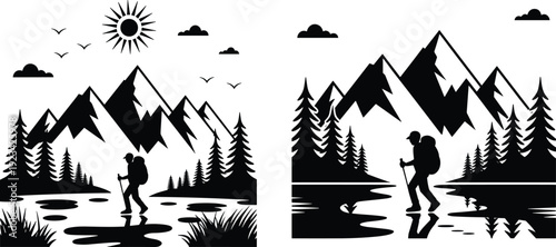 Mountain hiking silhouettes set with backpacker trekking in forest landscape river reflection and sun isolated on white outdoor adventure vector illustration