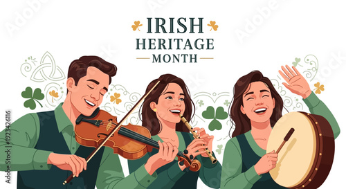Illustration of three people celebrating Irish Heritage Month with traditional music and dance, featuring a violinist, dancer, and drummer in green attire with shamrocks and Celtic designs.