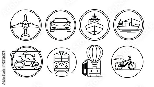 Transportation Icons: A collection of meticulously crafted, minimalist line art icons representing various modes of transportation. Conveying the essential aspects of movement and travel.