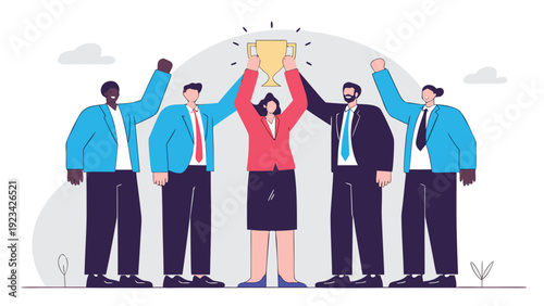 Five diverse business people stand together, a woman in the center holding a large golden trophy overhead.